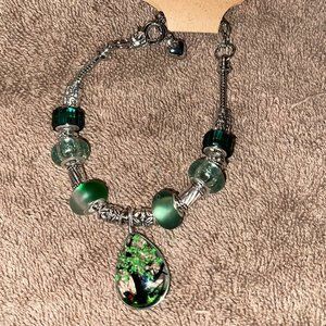 European Pandora Style Bracelet w/Tree of Life Charm & Snake Chain-Green